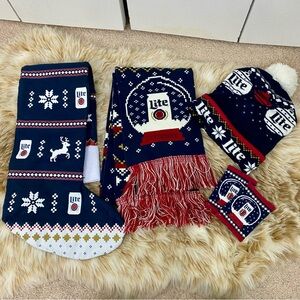Miller Lite Ugly Sweater Beanie Scarf and Stocking Gift Collection Full Set